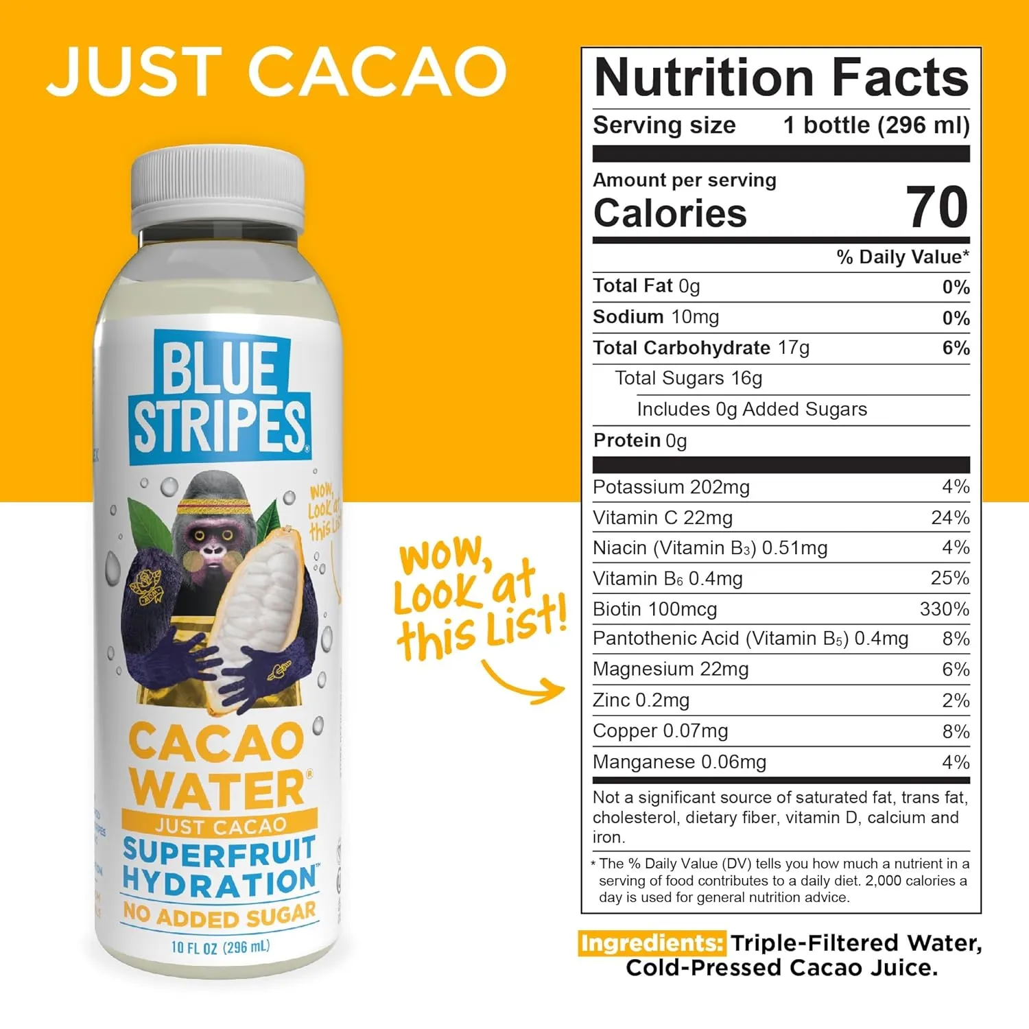 Blue Stripes Cacao Water (Just Cacao) - All-Natural, No Sugar Added, Superfruit Hydration - Electrolytes & Antioxidants | Vitamin C & B | No Artificial Ingredients | (12 Pack)