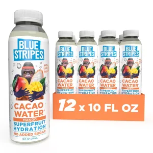 Blue Stripes Cacao Water (Mango) - All-Natural, No Sugar Added, Superfruit Hydration - Electrolytes & Antioxidants | Vitamin C & B | No Artificial Ingredients | (12 Pack)