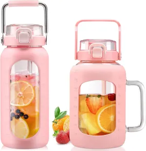 BLUEGO 64oz and 64oz Glass Water Bottles Bundle(64 Pink   64 Pink) with Straw and Lids Handle Large Water Bottle with Sleeve, Half Gallon Water Jug, Glass Water Container, BPA Free