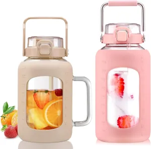 BLUEGO 64oz and 84oz Glass Water Bottles Bundle(64 Amber   84 Pink) with Straw and Lids Handle Large Water Tumbler with Sleeve, Glass Water Container, 2 Liter Water Jug Glass, BPA Free