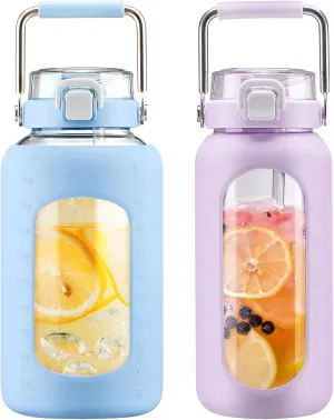 BLUEGO 84oz and 64oz Glass Water Bottles Bundle(84 Light Blue   64 Purple) with Straw and Stainless Steel Handle, Large Water Bottle with Sleeve, Half Gallon Water Jug, Glass Water Container, BPA Free