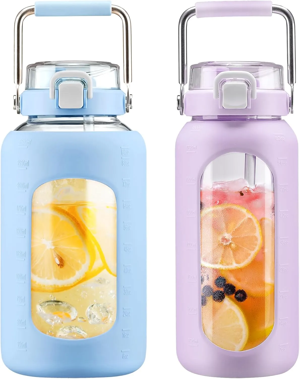 BLUEGO 84oz and 64oz Glass Water Bottles Bundle(84 Light Blue   64 Purple) with Straw and Stainless Steel Handle, Large Water Bottle with Sleeve, Half Gallon Water Jug, Glass Water Container, BPA Free