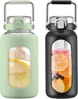 BLUEGO 84oz and 64oz Glass Water Bottles Bundle(84 Light Green   64 Black) with Straw and Stainless Steel Handle, Large Water Bottle with Sleeve, Half Gallon Water Jug, Glass Water Container, BPA Free
