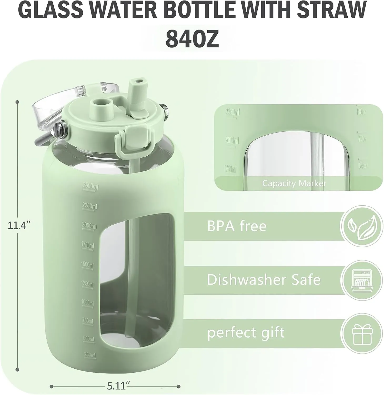 BLUEGO 84oz Water Bottle Glass with Stainless Steel Handle Large Water Bottle with Time Markers and Silicone Sleeve Half Gallon Water Jug BPA Free for Gym Daily Use, Light Green