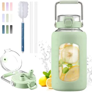 BLUEGO 84oz Water Bottle Glass with Stainless Steel Handle Large Water Bottle with Time Markers and Silicone Sleeve Half Gallon Water Jug BPA Free for Gym Daily Use, Light Green