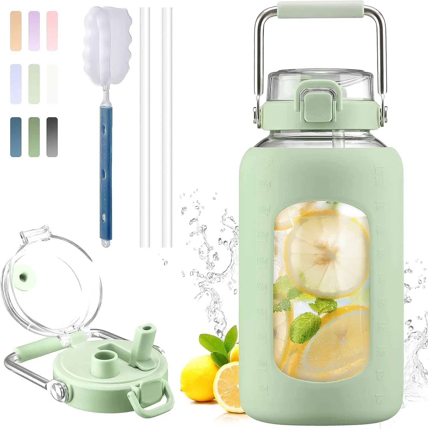 BLUEGO 84oz Water Bottle Glass with Stainless Steel Handle Large Water Bottle with Time Markers and Silicone Sleeve Half Gallon Water Jug BPA Free for Gym Daily Use, Light Green