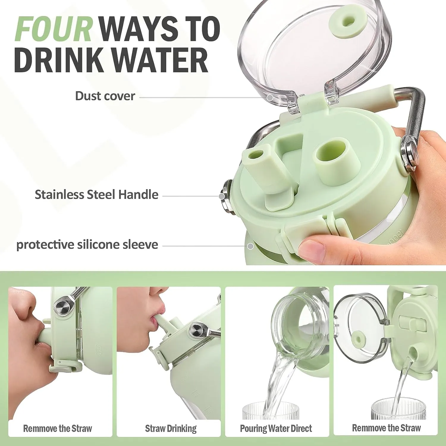 BLUEGO 84oz Water Bottle Glass with Stainless Steel Handle Large Water Bottle with Time Markers and Silicone Sleeve Half Gallon Water Jug BPA Free for Gym Daily Use, Light Green