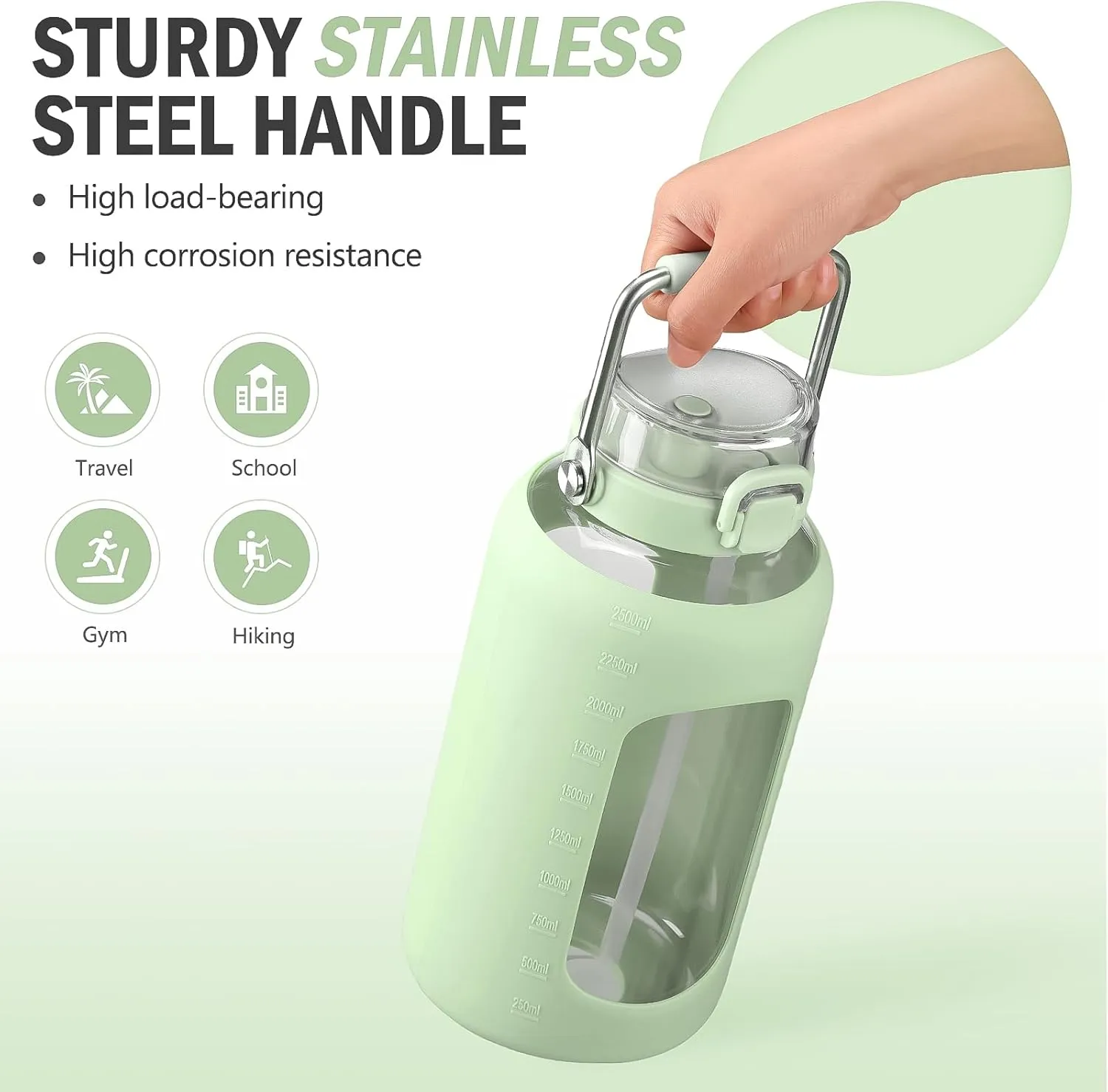 BLUEGO 84oz Water Bottle Glass with Stainless Steel Handle Large Water Bottle with Time Markers and Silicone Sleeve Half Gallon Water Jug BPA Free for Gym Daily Use, Light Green