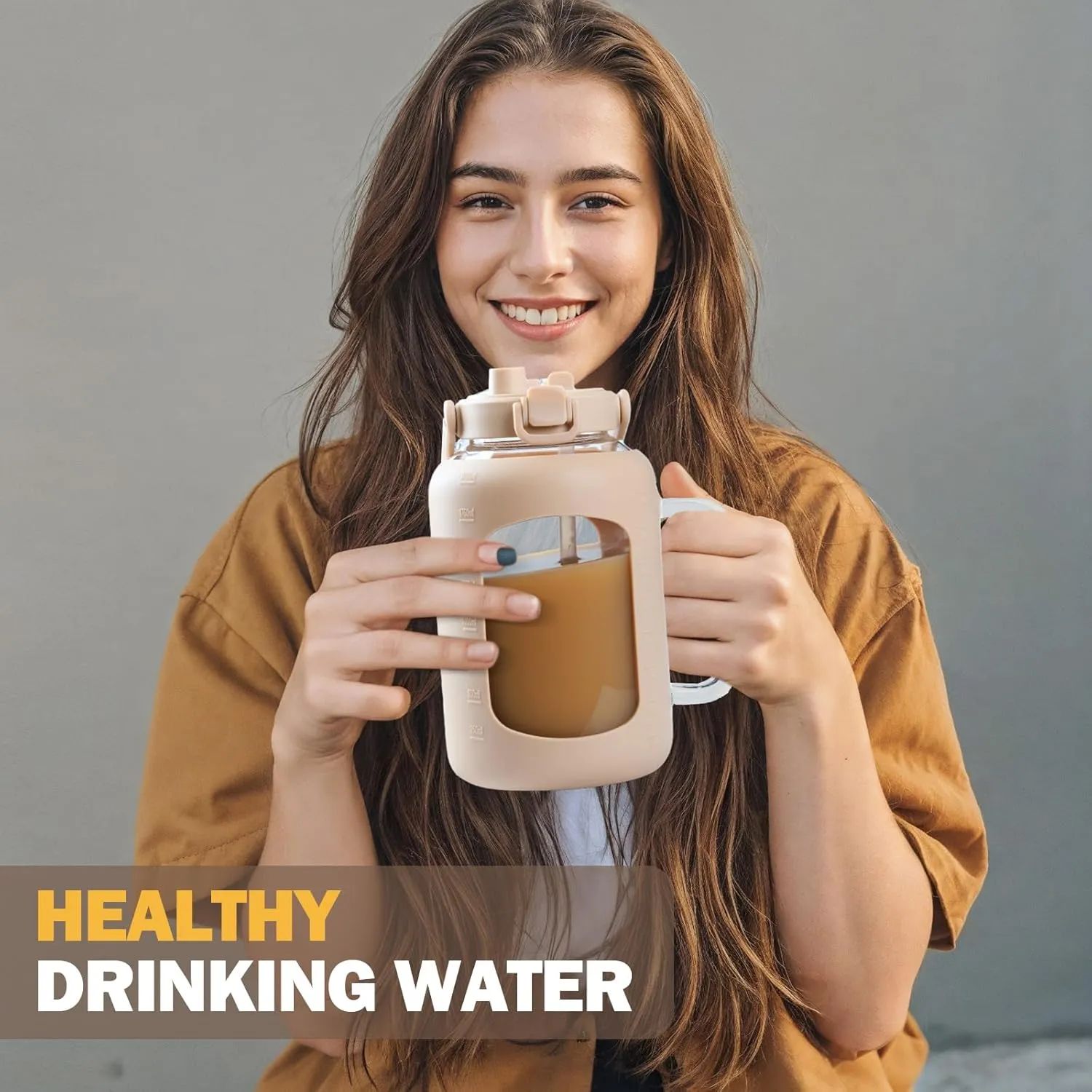 BLUEGO Water Bottle 64 oz Tumbler with Lid and Straw, Glass Water Bottle with Straw, Water Tumbler with Handle Half Gallon Water Jug Large Waterbottle for Daily Water Intake, BPA Free, Amber