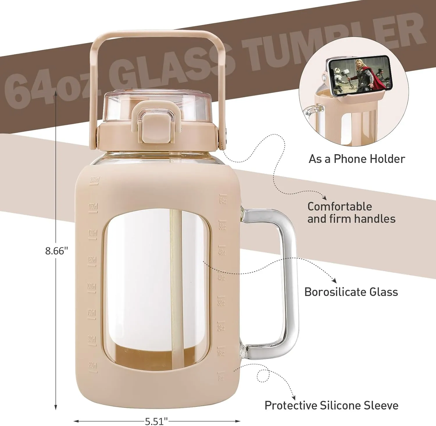 BLUEGO Water Bottle 64 oz Tumbler with Lid and Straw, Glass Water Bottle with Straw, Water Tumbler with Handle Half Gallon Water Jug Large Waterbottle for Daily Water Intake, BPA Free, Amber