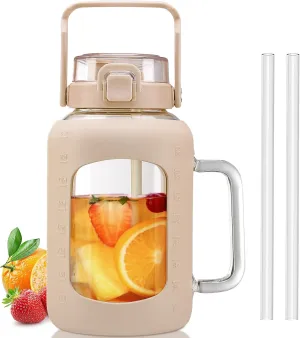 BLUEGO Water Bottle 64 oz Tumbler with Lid and Straw, Glass Water Bottle with Straw, Water Tumbler with Handle Half Gallon Water Jug Large Waterbottle for Daily Water Intake, BPA Free, Amber