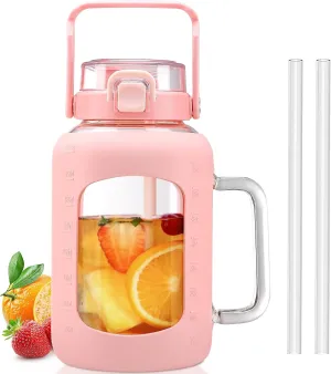 BLUEGO Water Bottle 64 oz Tumbler with Lid and Straw, Glass Water Bottle with Straw, Water Tumbler with Handle Half Gallon Water Jug Large Waterbottle for Daily Water Intake, BPA Free, Pink