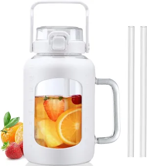 BLUEGO Water Bottle 64 oz Tumbler with Lid and Straw, Glass Water Bottle with Straw, Water Tumbler with Handle Half Gallon Water Jug Large Waterbottle for Daily Water Intake, BPA Free, White