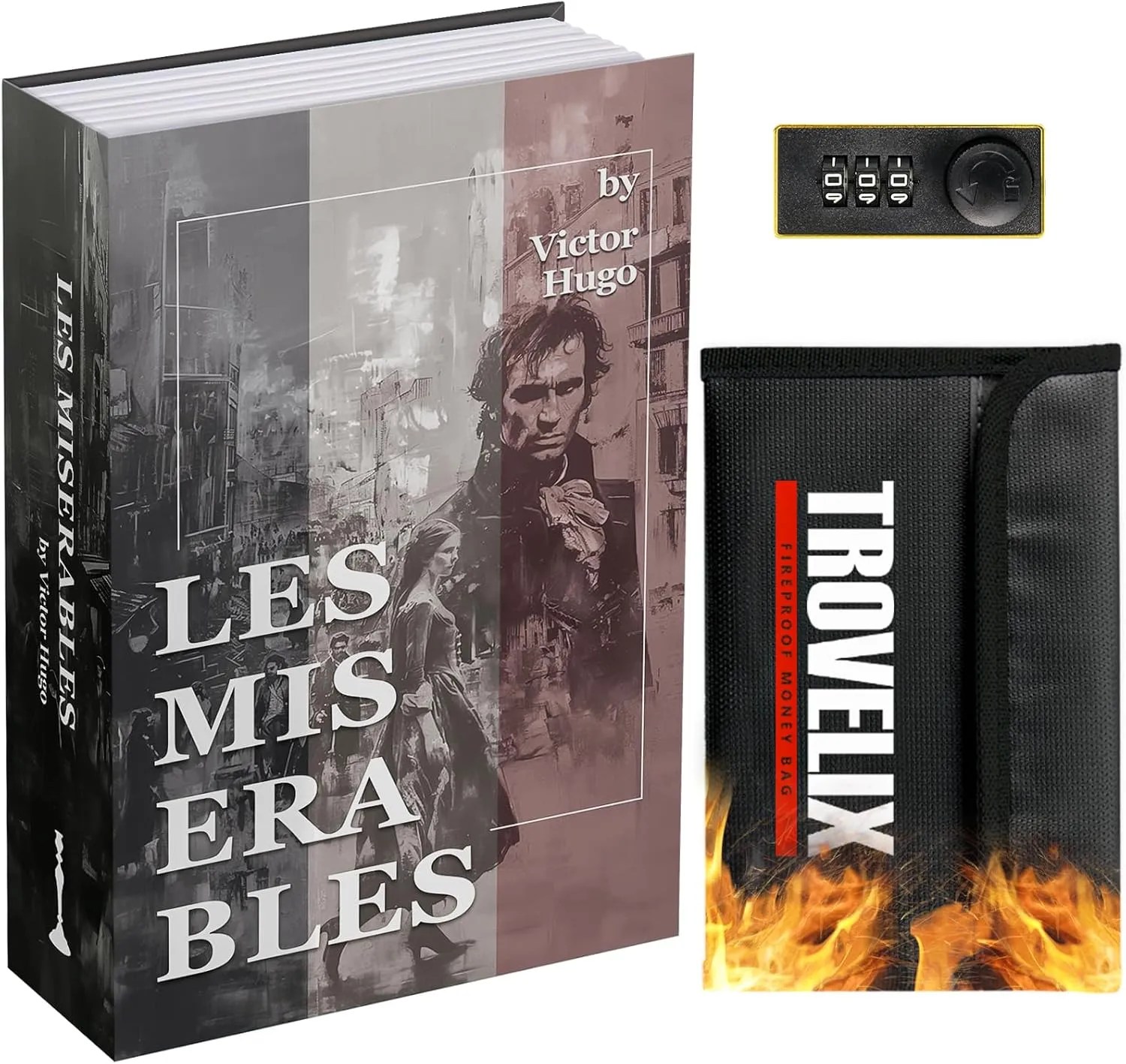 Book Safe with Combination Lock, Hidden Safe (9.5 x 6.2 x 2.2 Inch) with Fireproof Bag, Secret Diversion Safe, Hollow Book Box Hidden Storage, Money Safe Box for Cash (Les Miserables)