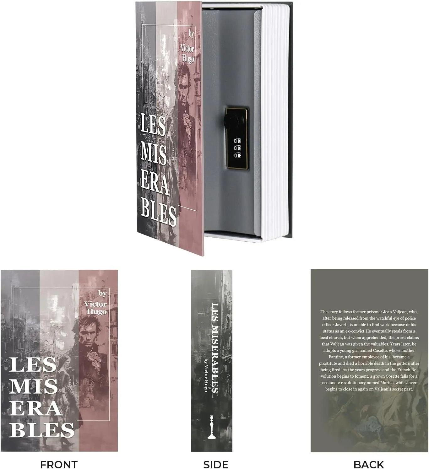 Book Safe with Combination Lock, Hidden Safe (9.5 x 6.2 x 2.2 Inch) with Fireproof Bag, Secret Diversion Safe, Hollow Book Box Hidden Storage, Money Safe Box for Cash (Les Miserables)