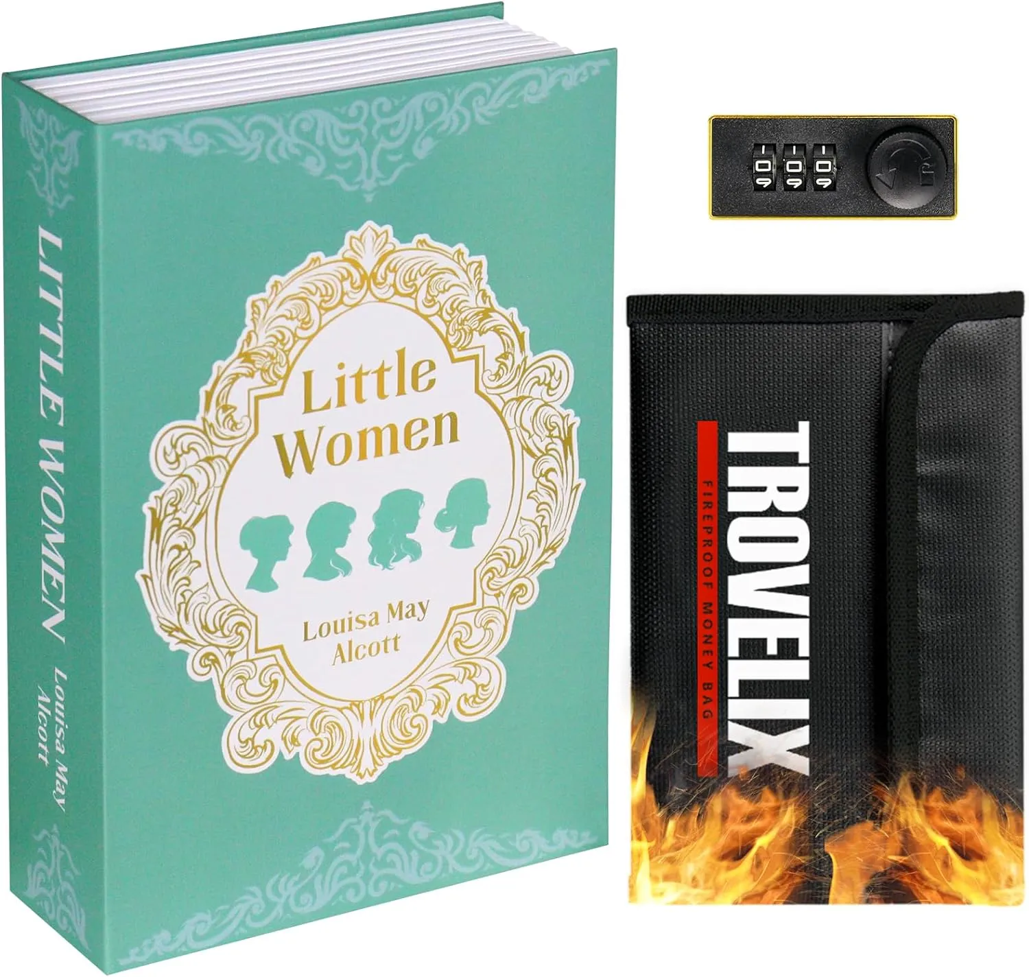 Book Safe with Combination Lock, Hidden Safe (9.5 x 6.2 x 2.2 Inch) with Fireproof Bag, Secret Diversion Safe, Hollow Book Box Hidden Storage, Money Safe Box for Cash (LITTLE WOMEN)