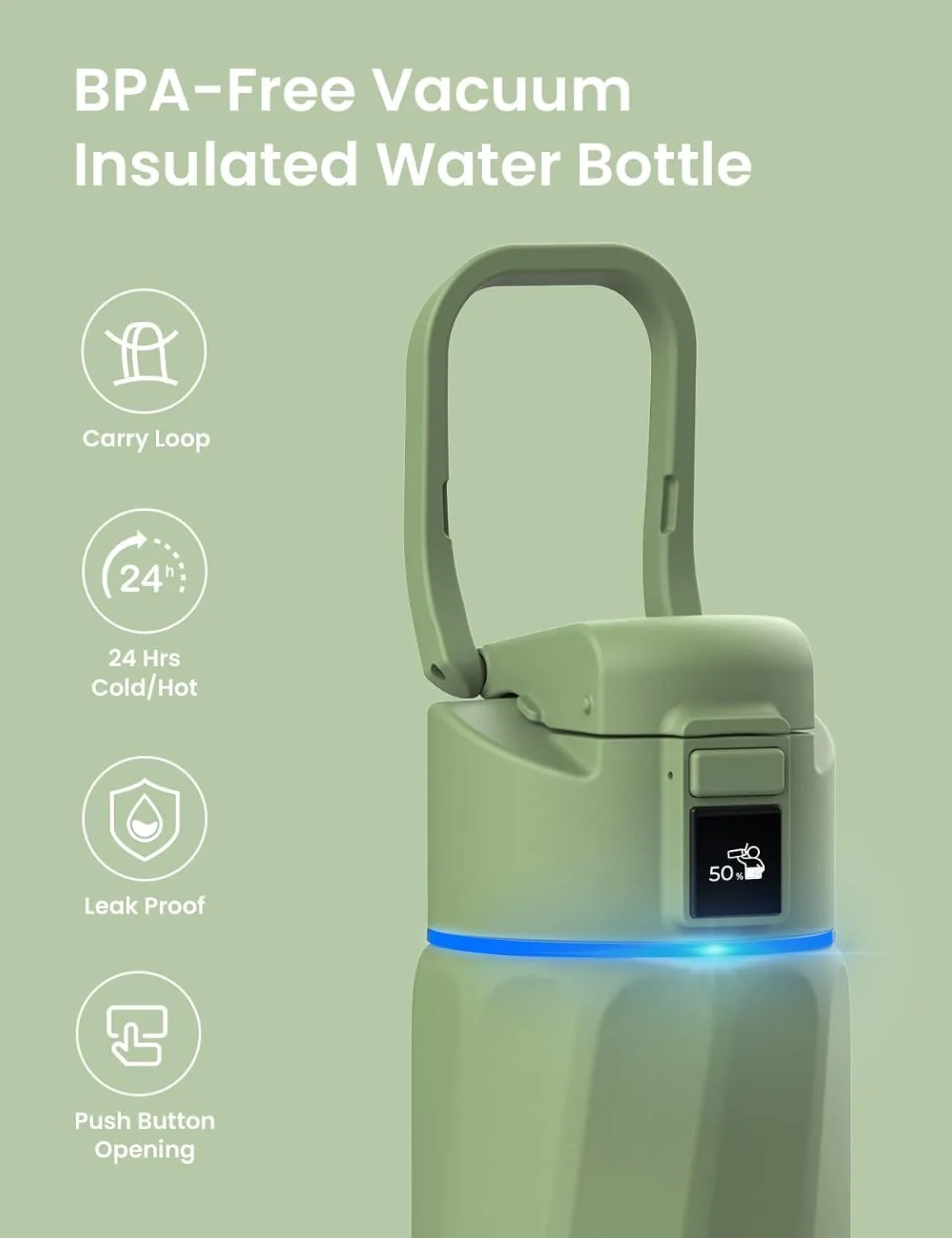 Boost Smart Water Bottle with Reminder to Drink Water, 24oz BPA-Free Stainless Steel Vacuum Insulated Water Bottle, Wide Mouth Water Tracker Bottle with APP, Ideal Gift