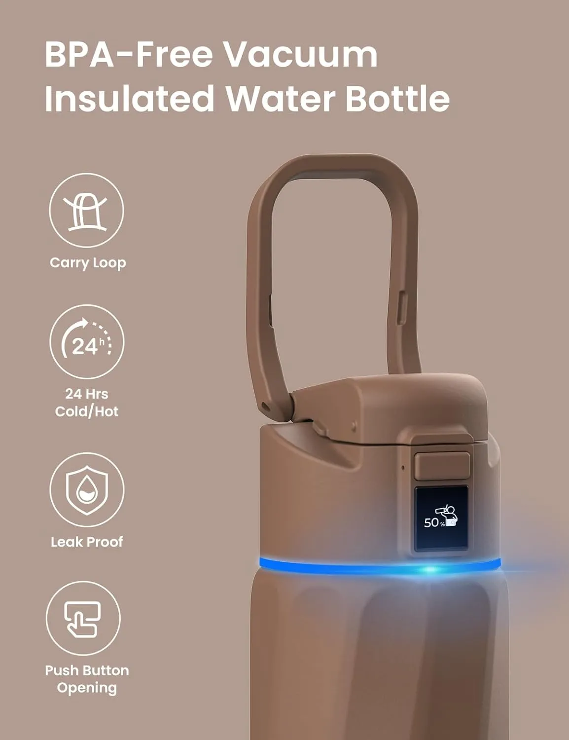 Boost Smart Water Bottle with Reminder to Drink Water, 24oz BPA-Free Stainless Steel Vacuum Insulated Water Bottle, Wide Mouth Water Tracker Bottle with APP, Ideal Gift