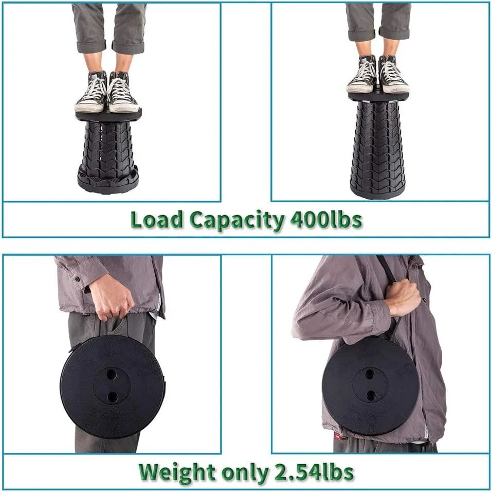 Boreeman Upgraded Folding Stool Lightweight Yet More Sturdy with Load Capacity 400lbs Portable Collapsible Stool Retractable Stool for Camping Fishing Hiking BBQ (Black)