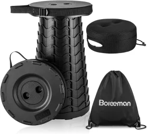 Boreeman Upgraded Folding Stool with Cushion, Lightweight Yet Sturdy, Load Capacity 400lbs, Portable Collapsible Retractable Stool for Camping, Fishing, Hiking, BBQ (Black)