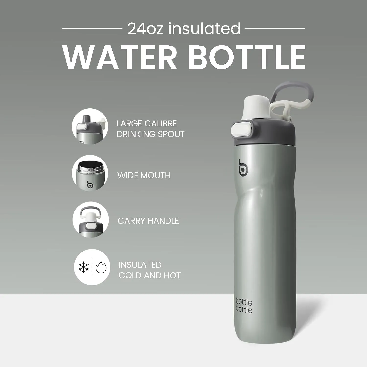 BOTTLE BOTTLE Insulated Water Bottle 24 oz with Handle and Flip Tops Lids Stainless Steel Water Bottle Push Button Lid Leak proof Portable for Running Travel Sports Hiking gray