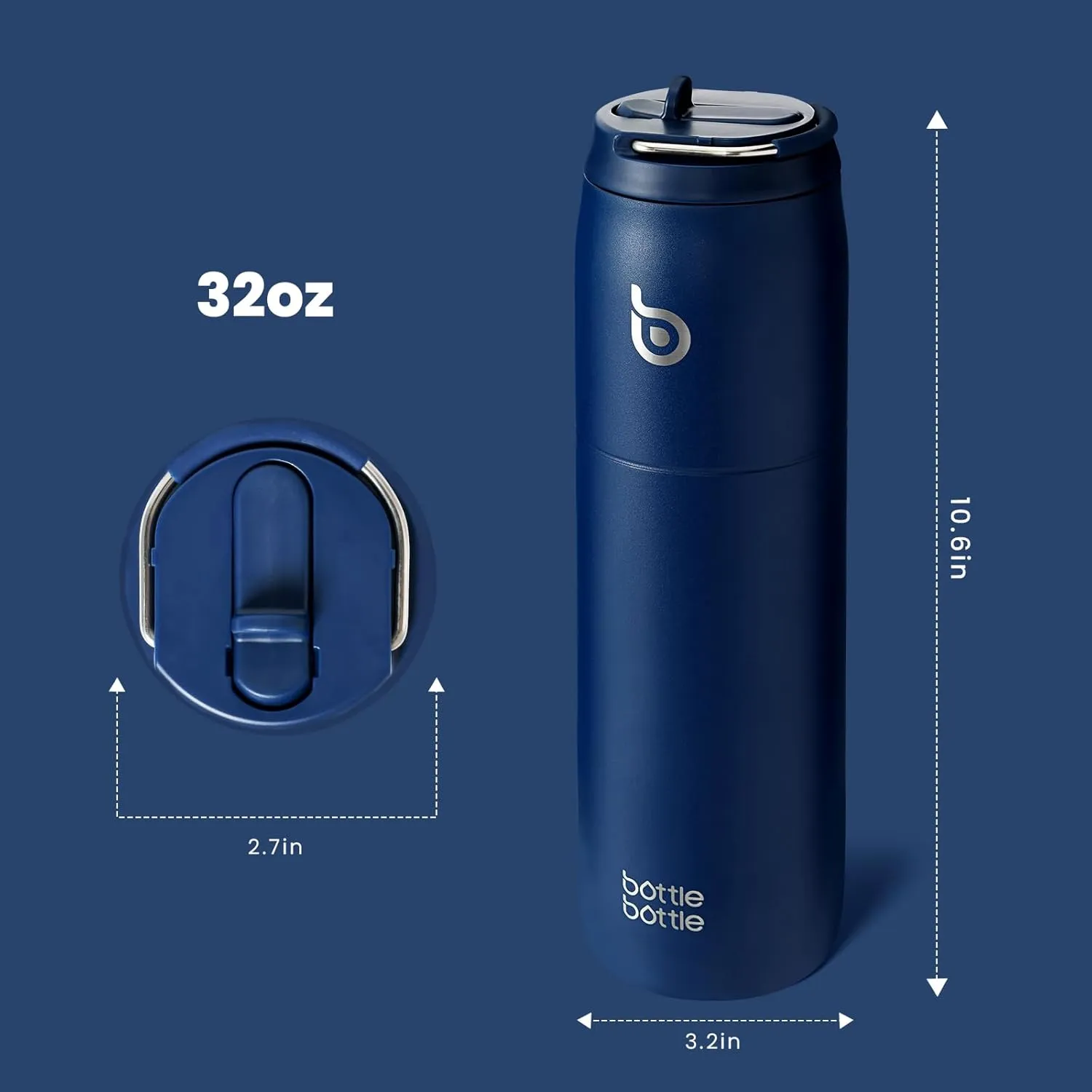BOTTLE BOTTLE Stainless Steel Water Bottle with Straw and Lid 32 oz Vacuum Insulated Cup Stay Cold for 24 Hrs Hot for 12 Hrs, Leak-Proof Wide Mouth Water Bottles for Men,indigo blue