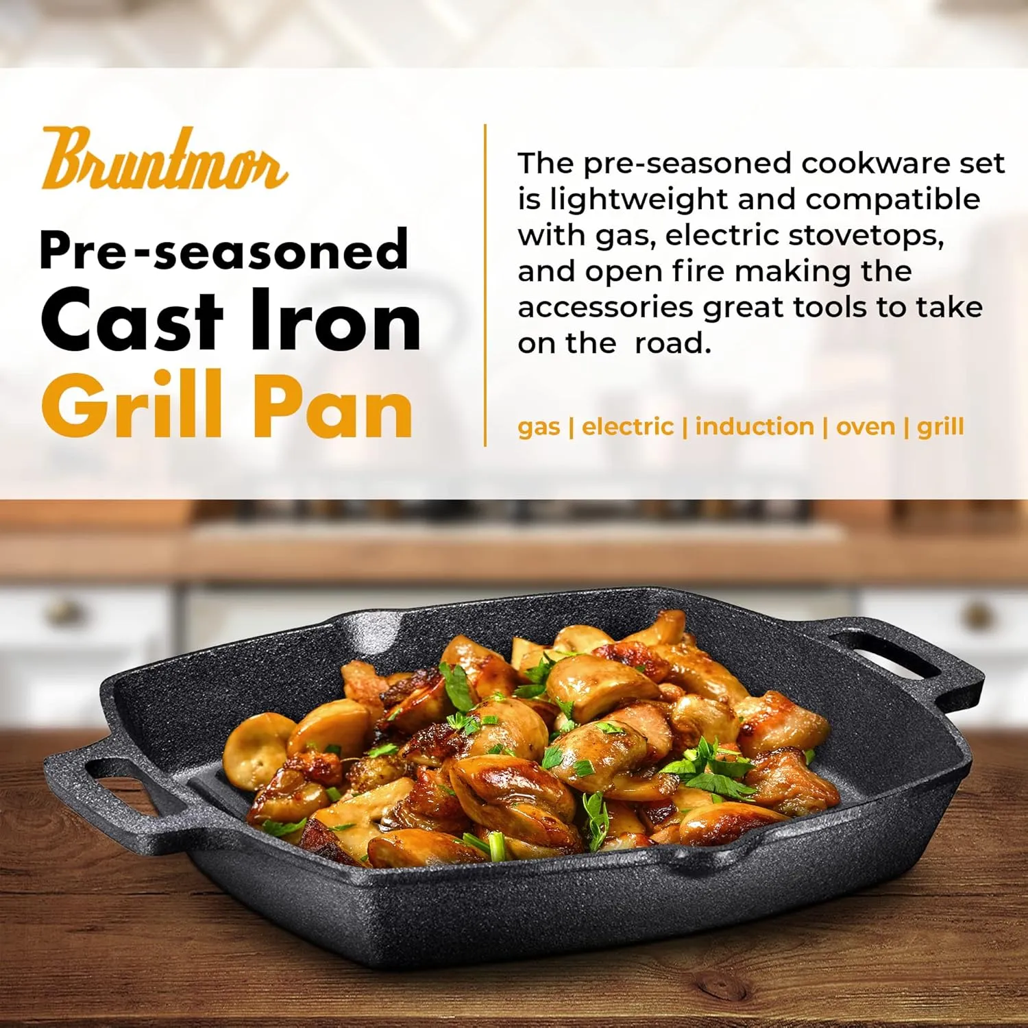 Bruntmor 13-Inch Cast Iron Grill Pan Pre-Seasoned Cast Iron Pan for Stovetop and Outdoor Use - Induction Compatible Griddle Cookware with Ridges for Steak, Meats, and Vegetables