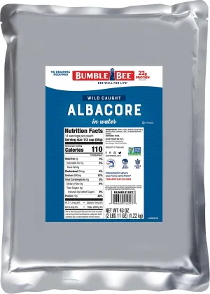 Bumble Bee Chunk White Albacore Tuna in Water, 43 oz Bulk Food Service Pouch - Wild Caught Tuna Packet - 22g Protein per Serving, High in Omega-3s - Non-GMO, Gluten Free, Kosher