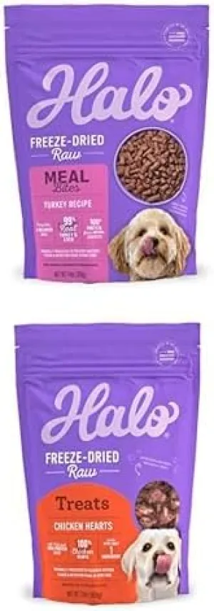 Bundle of Halo Meal Bites Freeze Dried Raw Dog Food, Turkey Recipe, Adult Recipe, 14-OZ Bag   Halo Raw Freeze Dried Dog Treats, Chicken Hearts Recipe, Dog Treats Pouch, All Life Stages, 2-OZ Pouch