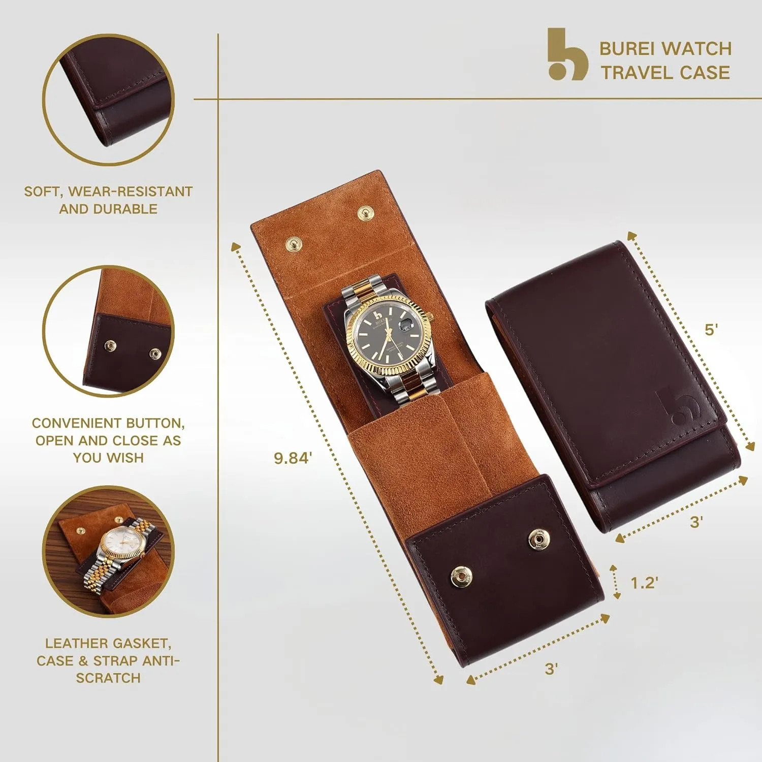 BUREI Leather Watch Travel Case Pouch Portable Watch Case for Men Single Watch Band Storage Bag Watch Accessories (Brown Black)