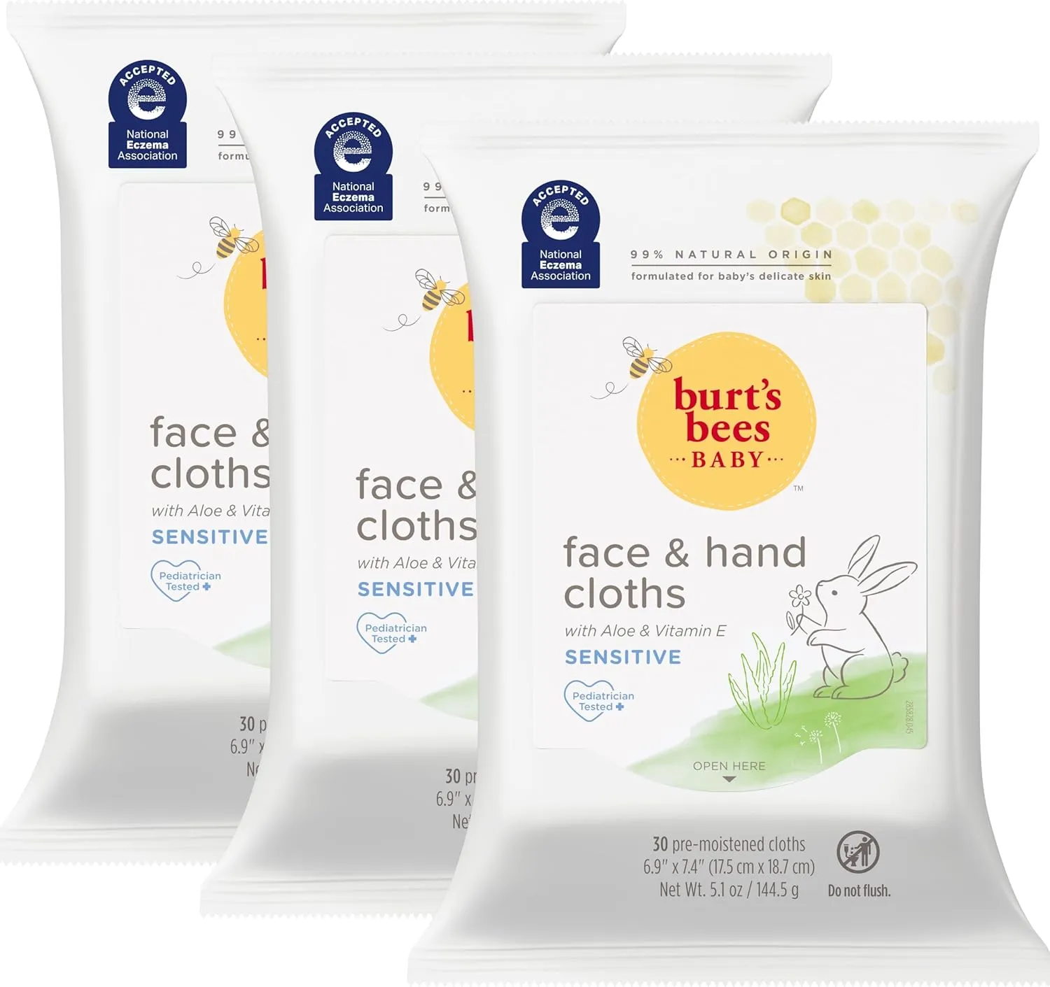 Burt's Bees Baby Face & Hand Cloths, Unscented Cleansing Wipes for Sensitive Skin - 30 Wipes, Pack of 3