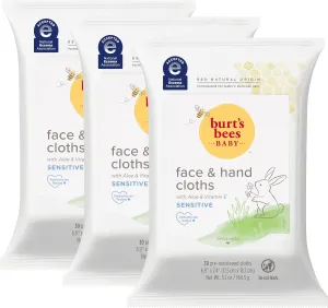 Burt's Bees Baby Face & Hand Cloths, Unscented Cleansing Wipes for Sensitive Skin - 30 Wipes, Pack of 3
