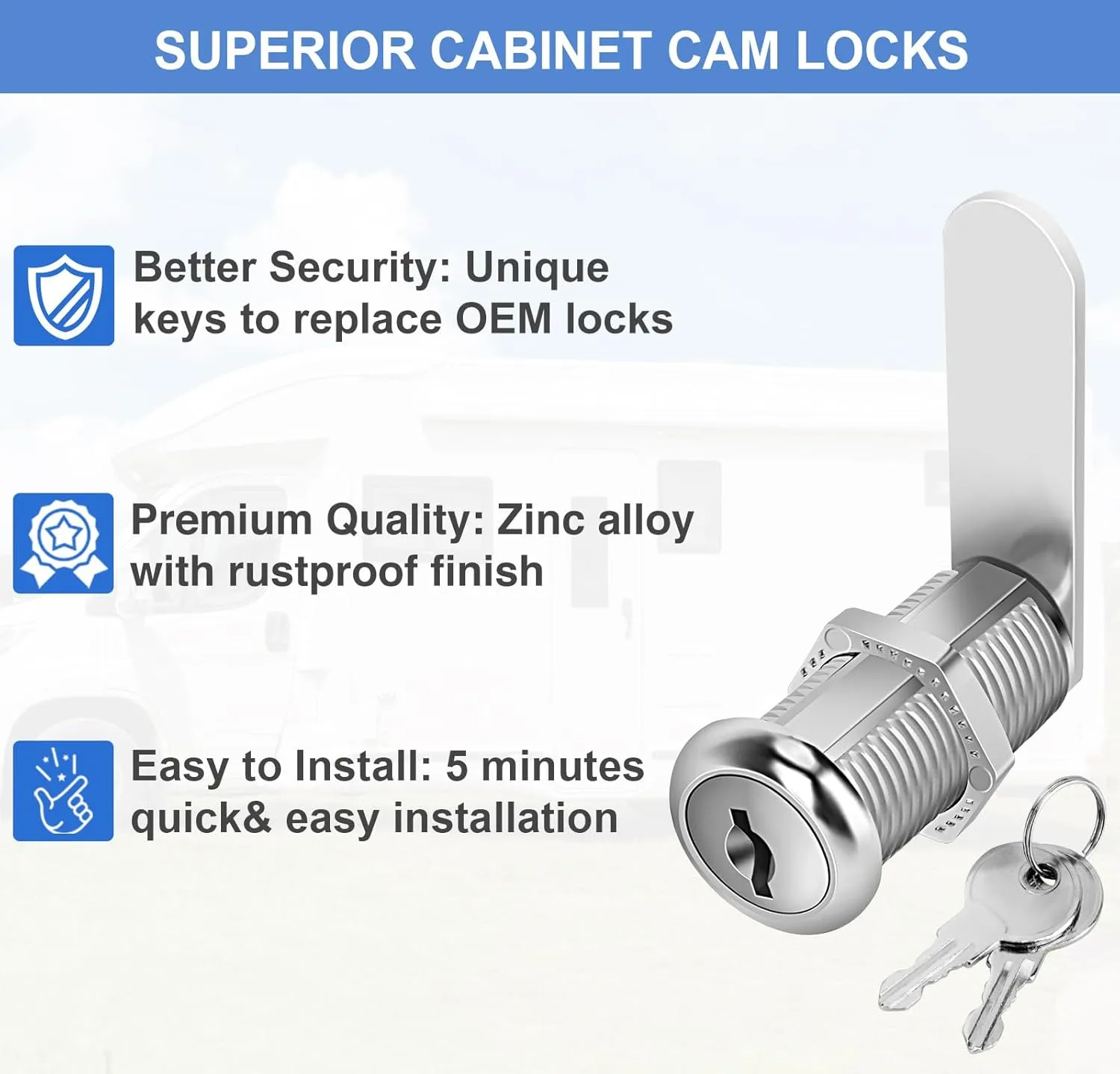Cabinet Lock Set, 1-1/2" Long Keyed Alike Cam Locks, 15 Pack, Zinc Alloy, for RV Storage, Tool Box, Cabinets & Thick Drawers
