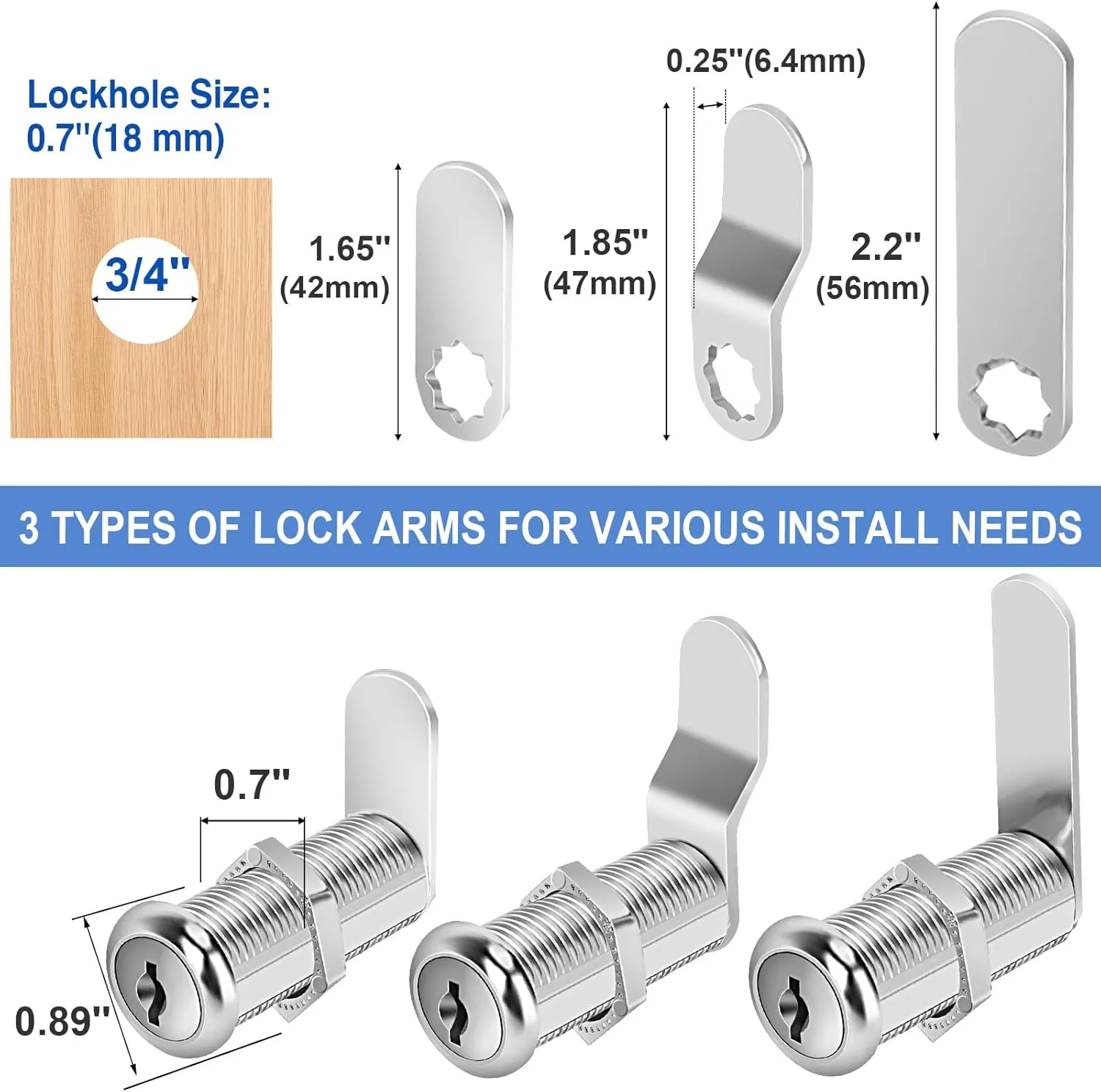 Cabinet Lock Set, 1-1/2" Long Keyed Alike Cam Locks, 15 Pack, Zinc Alloy, for RV Storage, Tool Box, Cabinets & Thick Drawers