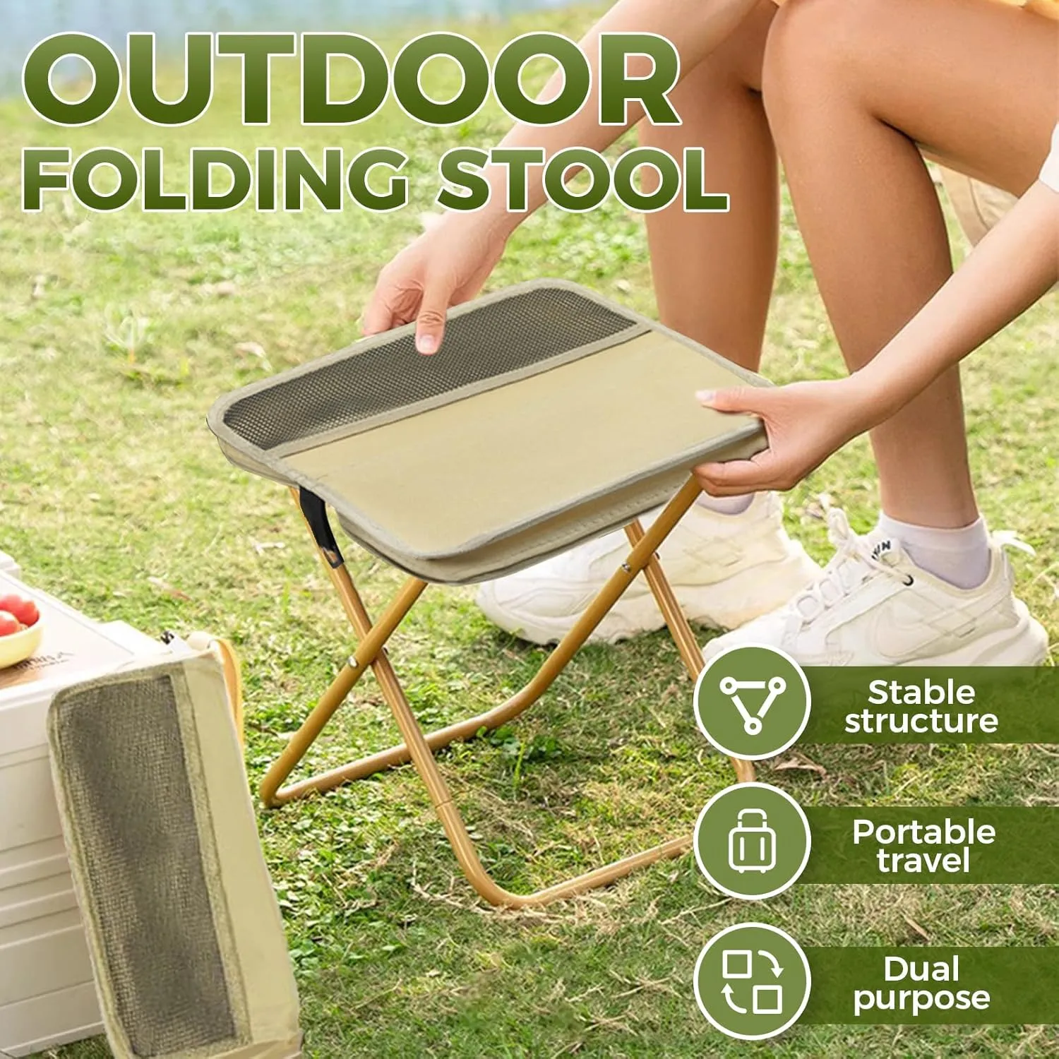 Camping Stool Portable Folding Camping Stool for Camping, Fishing, Hiking, Gardening and Beach, Camping Seat, with Crossbody Strap (Khaki, X)