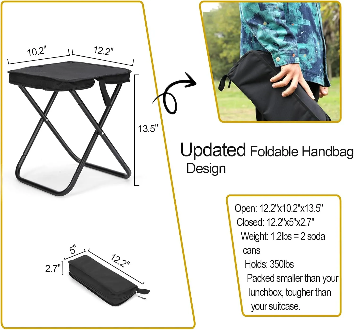 Camping Stool, Portable Folding Stool, Aluminum Ultralight Backpacking Stool Suitable for Outdoor Gardening and Beach Hiking Fishing (Black, 13.5 High)