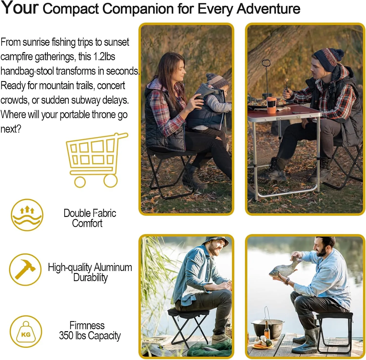 Camping Stool, Portable Folding Stool, Aluminum Ultralight Backpacking Stool Suitable for Outdoor Gardening and Beach Hiking Fishing (Black, 13.5 High)