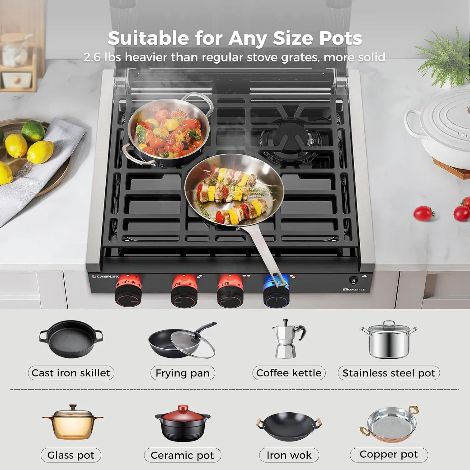 CAMPLUX Elite RV Stove 3 Burners, 21,000 BTU Propane Cooktop with Tempered Glass Cover & Flame Failure Protection, 21-Inch Slide-In Gas Rangetop for RVs, Campers, Motorhomes, and Boats, Black RGH21IBP