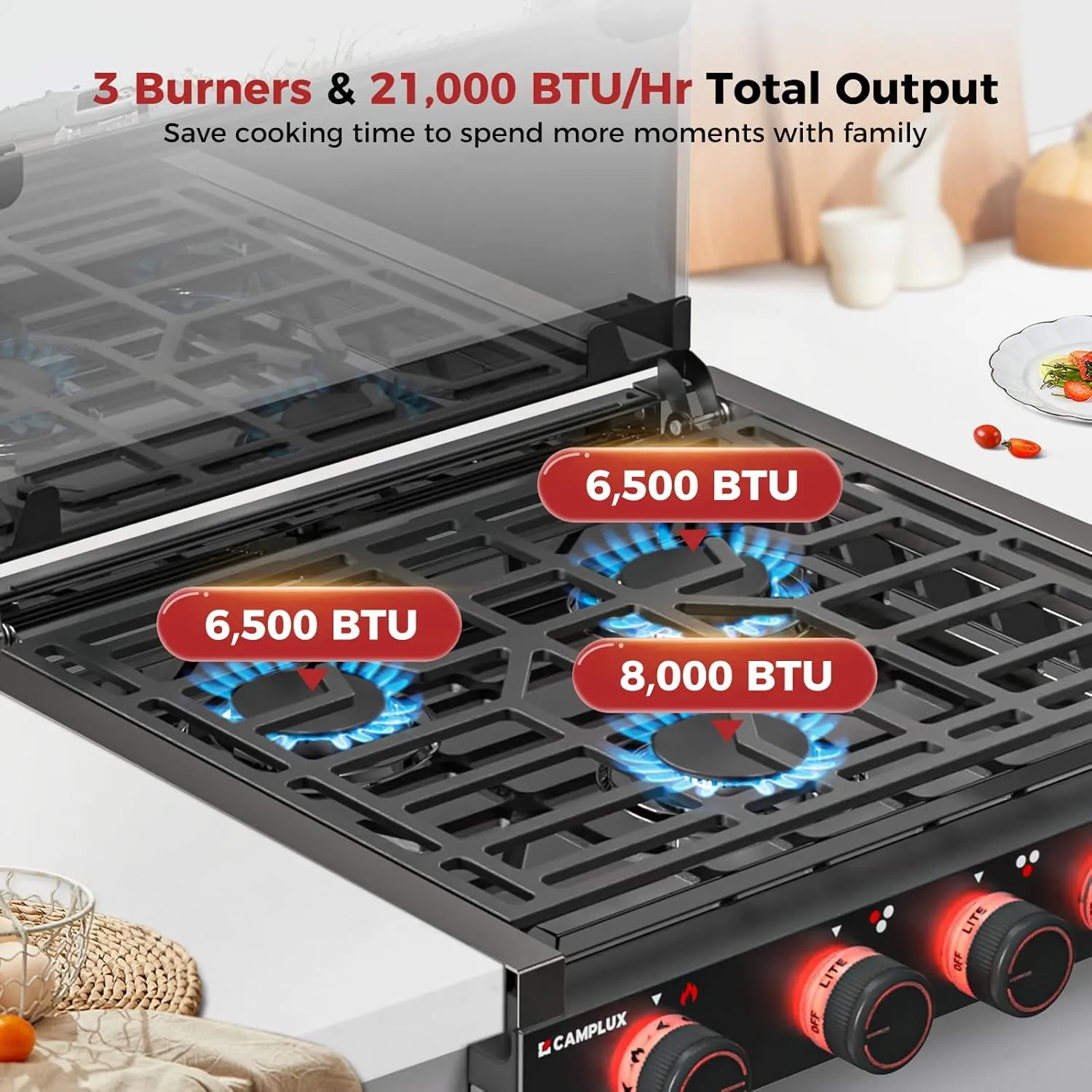 CAMPLUX Elite RV Stove 3 Burners, 21,000 BTU Propane Cooktop with Tempered Glass Cover & Flame Failure Protection, 21-Inch Slide-In Gas Rangetop for RVs, Campers, Motorhomes, and Boats, Black RGH21IBP