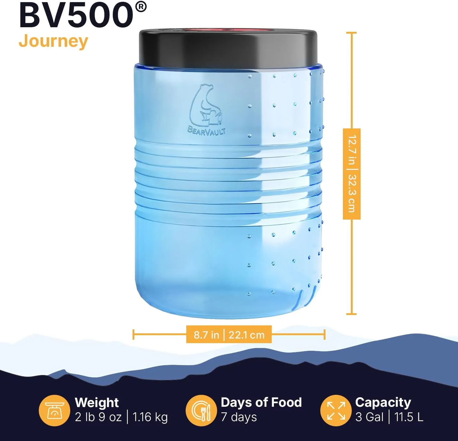 Canister for Backpacking. 4 Sizes: BV500, BV475, BV450, BV425. Bear-Resistant Food Container for Camping, Hiking, Fishing, Hunting, Bikepacking. BearVault is Bear Safe!