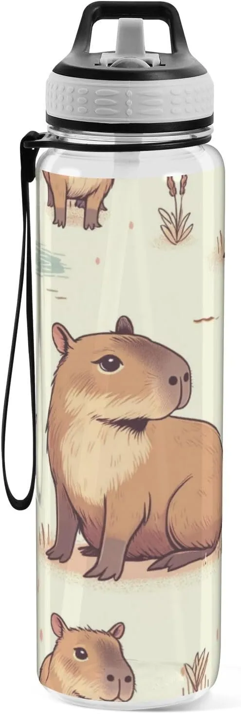 Capybara Forest Little Animal Sport Water Bottle with Straw Lid 32 oz Clear Bottle BPA Free Tritan Plastic Leakproof Jugs Large Flip Top for Kids Boys Girls
