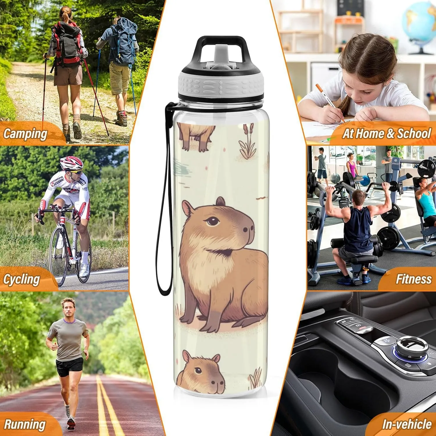 Capybara Forest Little Animal Sport Water Bottle with Straw Lid 32 oz Clear Bottle BPA Free Tritan Plastic Leakproof Jugs Large Flip Top for Kids Boys Girls