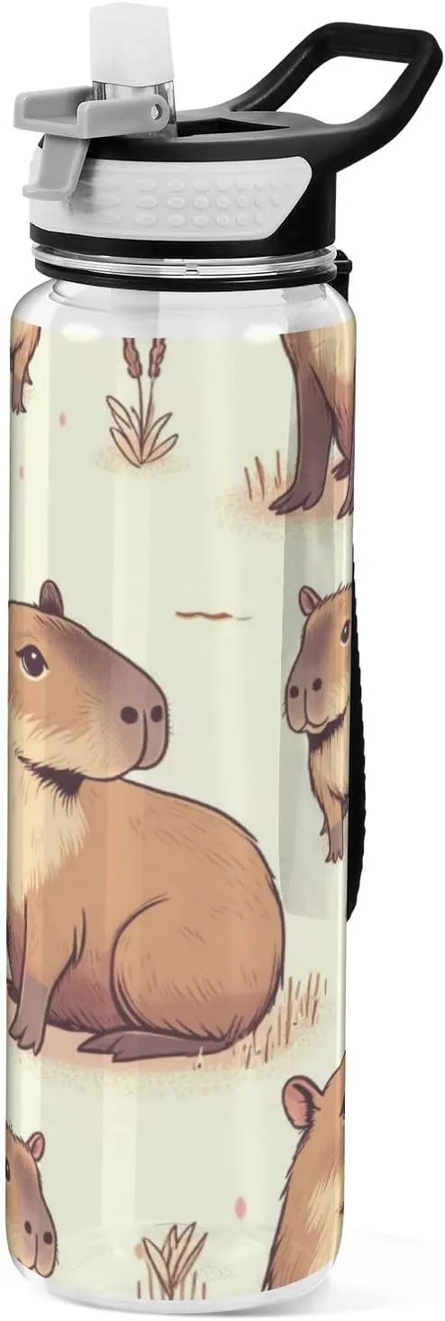 Capybara Forest Little Animal Sport Water Bottle with Straw Lid 32 oz Clear Bottle BPA Free Tritan Plastic Leakproof Jugs Large Flip Top for Kids Boys Girls