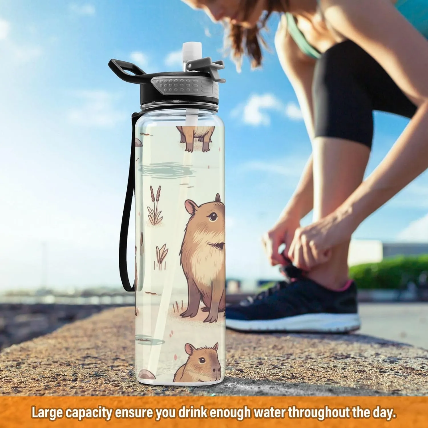 Capybara Forest Little Animal Sport Water Bottle with Straw Lid 32 oz Clear Bottle BPA Free Tritan Plastic Leakproof Jugs Large Flip Top for Kids Boys Girls