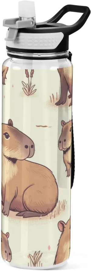 Capybara Forest Little Animal Sport Water Bottle with Straw Lid 32 oz Clear Bottle BPA Free Tritan Plastic Leakproof Jugs Large Flip Top for Kids Boys Girls