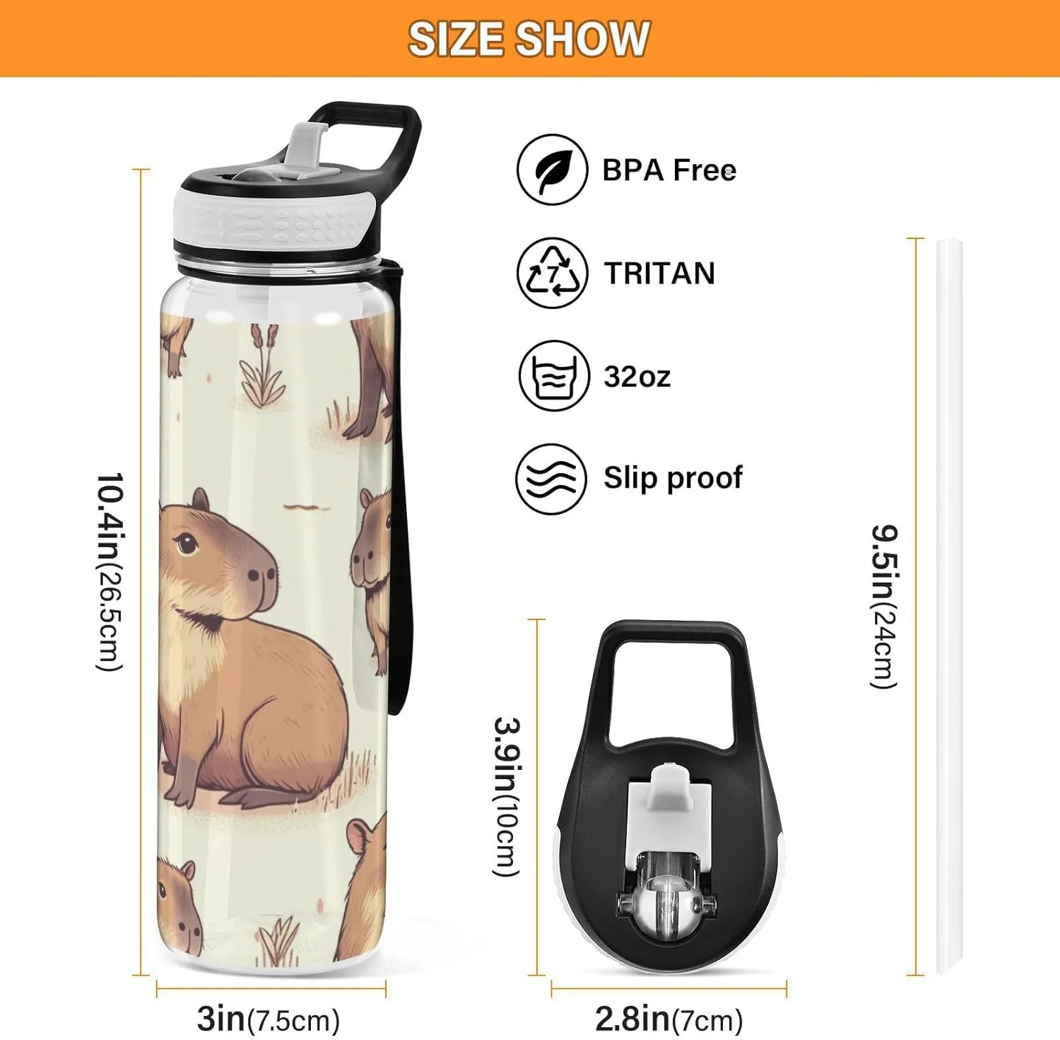 Capybara Forest Little Animal Sport Water Bottle with Straw Lid 32 oz Clear Bottle BPA Free Tritan Plastic Leakproof Jugs Large Flip Top for Kids Boys Girls