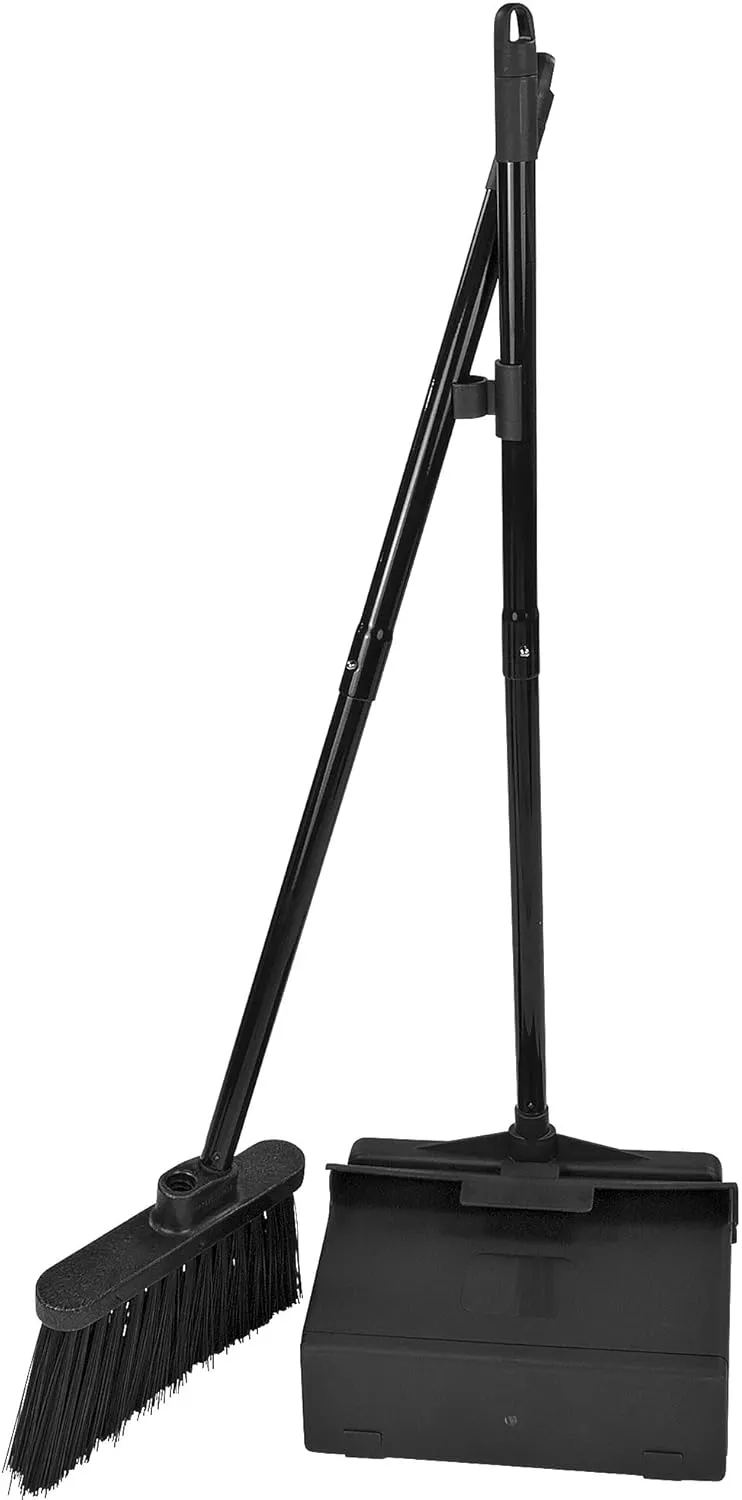 Carlisle FoodService Products Duo-Pan Upright Dust Pan and Broom Broom Set with Clip for Floor Cleaning, Restaurants, Office, And Janitorial Use, Plastic, 36 Inches, Black