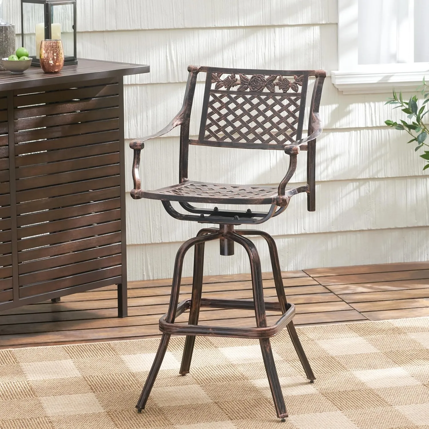 Cast Aluminum Outdoor Bar Stool, Intricate Design for Garden Seating, Antique Copper Finish, 29.5 inches High