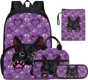 Cat Kids Backpack and Lunch Bag Set for First Year School 8-10 Years Large Capacity 17 inch Laptop Rucksack for Kindergarten Elementary School