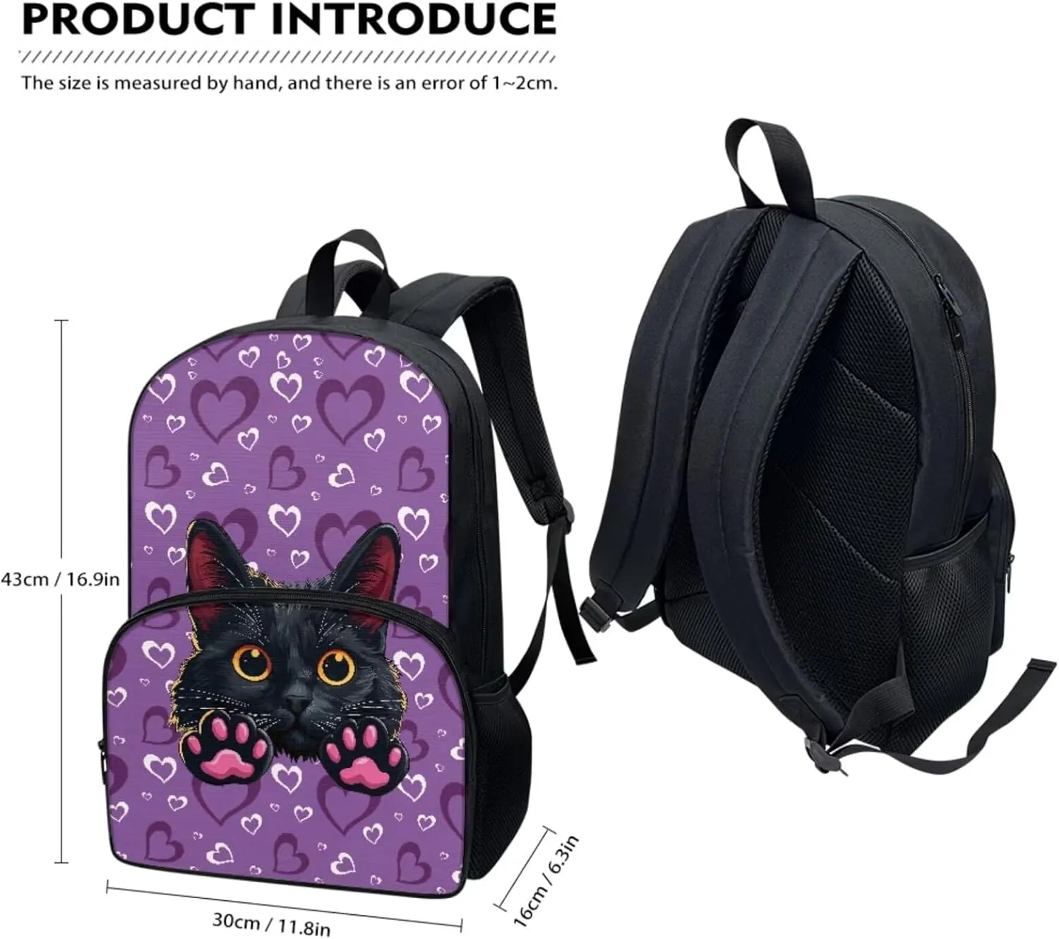 Cat Kids Backpack and Lunch Bag Set for First Year School 8-10 Years Large Capacity 17 inch Laptop Rucksack for Kindergarten Elementary School